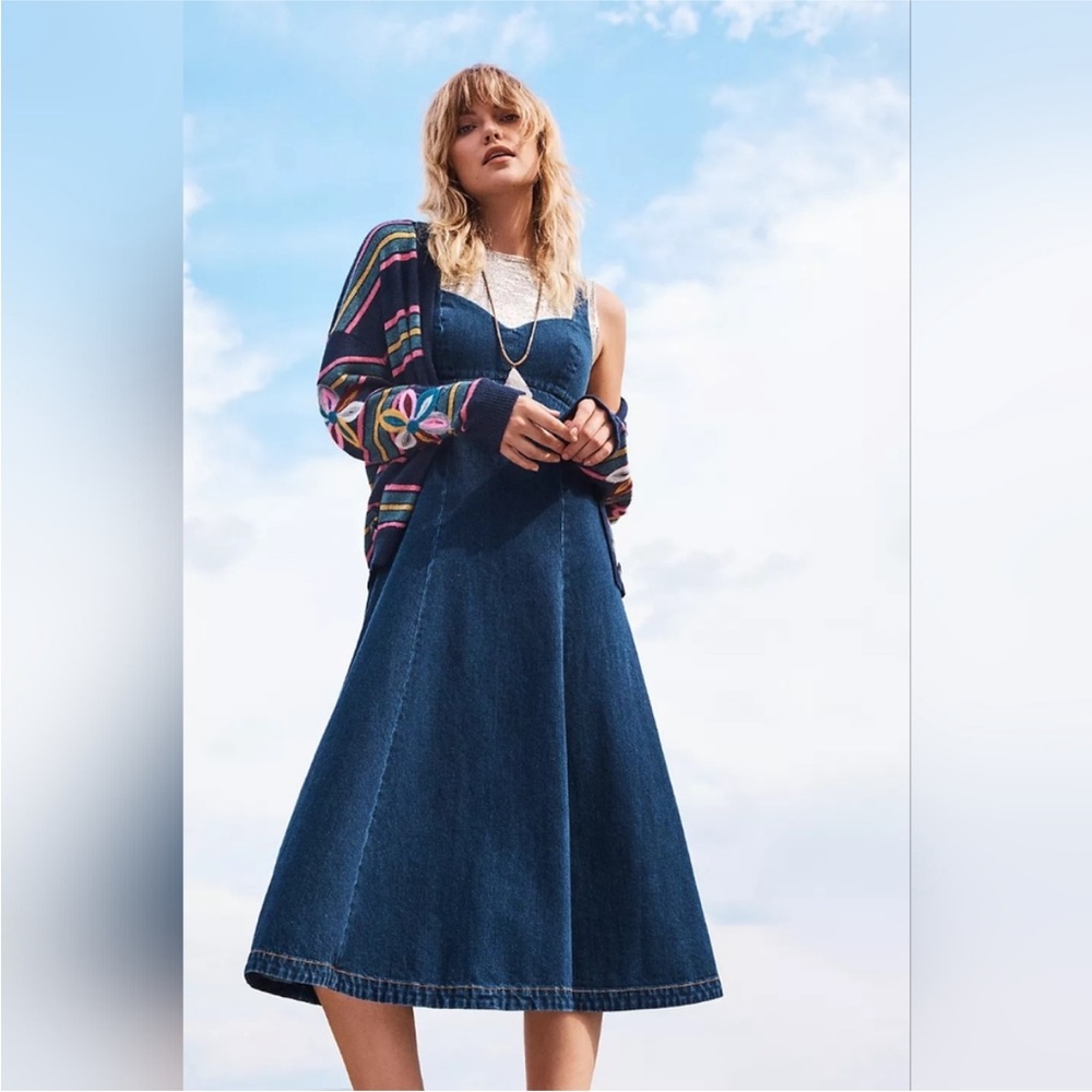 Anthropologie Holding Horses Denim Corseted A Line Midi Dress Navy Blue 2